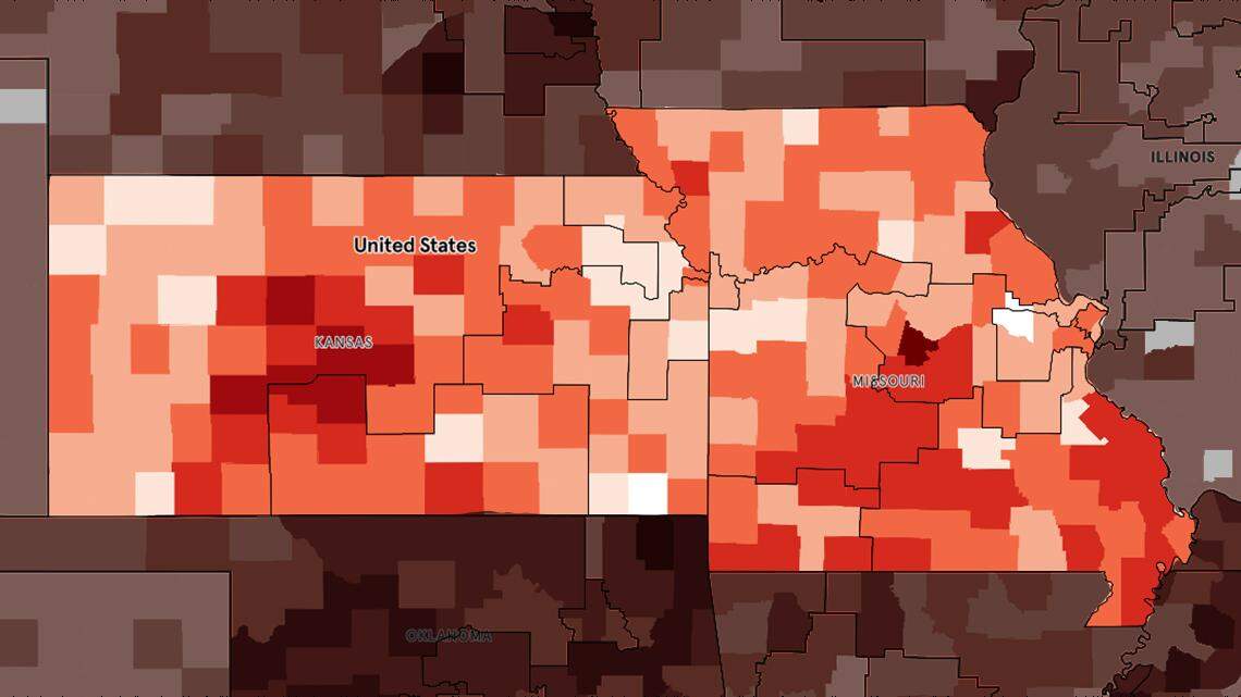 A map from New York University’s “Atlas of Disaster” shows the number of disasters in Kansas and Missouri, with darker counties experiencing more incidents.