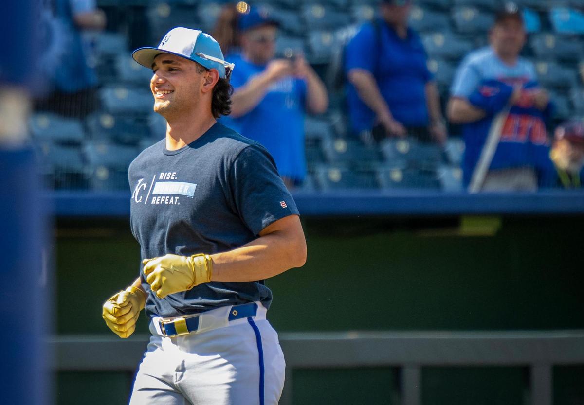 Kansas City Royals outfielder Jac Caglianone (14) jogs during the warmup period before the game against the New York Yankees on Tuesday, June 10, 2025, at Kauffman Stadium in Kansas City.