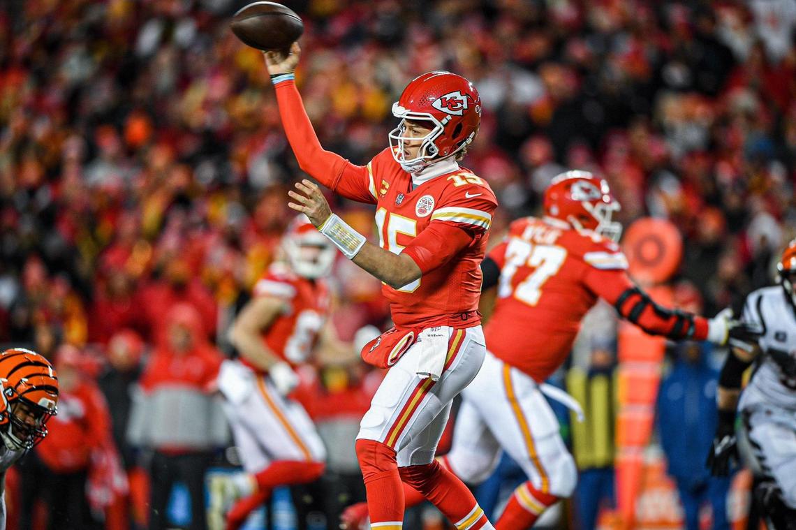 Kansas City Chiefs quarterback Patrick Mahomes throws in the first quarter against the Cincinnati Bengals during the AFC Championship Game Sunday, Jan. 29, 2023, at GEHA Field at Arrowhead Stadium.