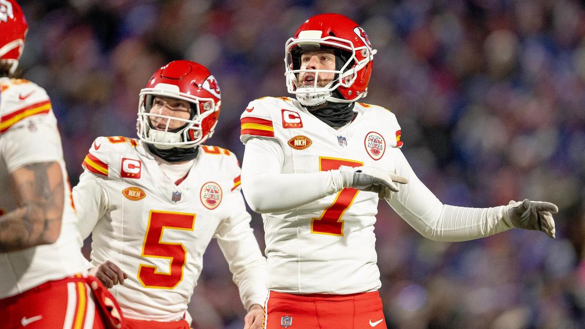 Kansas City Chiefs place kicker Harrison Butker (7) and punter Tommy Townsend (5) watch a field goal soar through the uprights during an AFC Divisional Round playoff game against the Buffalo Bills at Highmark Stadium on Sunday, Jan. 21, 2024, in Orchard Park, New York.