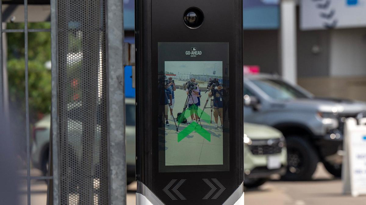 Go-Ahead Entry technology is seen outside of Kauffman Stadium during a press conference on Monday, July 22, 2024, in Kansas City.