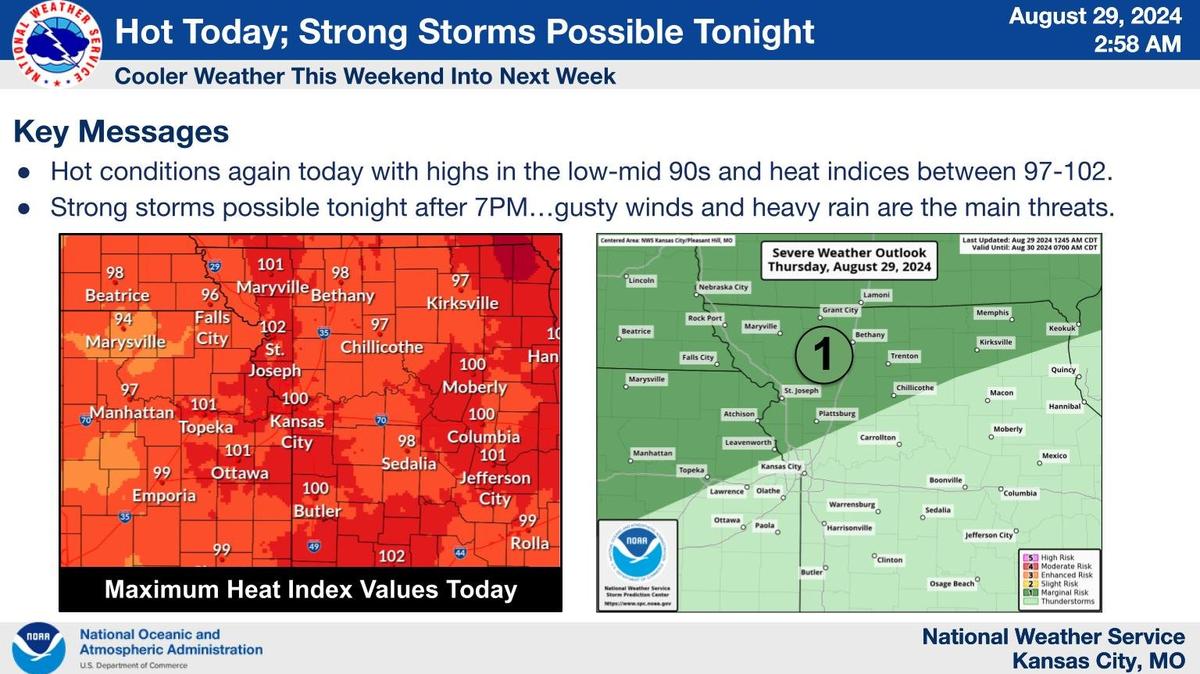 Strong storms will be possible Thursday night in the Kansas City area after what will be one final day of hot and humid weather, according to the National Weather Service. Gusty winds and downpours will be possible from the stronger storms.