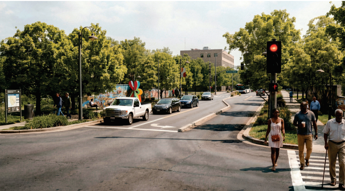 A conceptual rendering showing what a bridge crossing over U.S. Highway 71, reconfigured as a parkway, might look like.