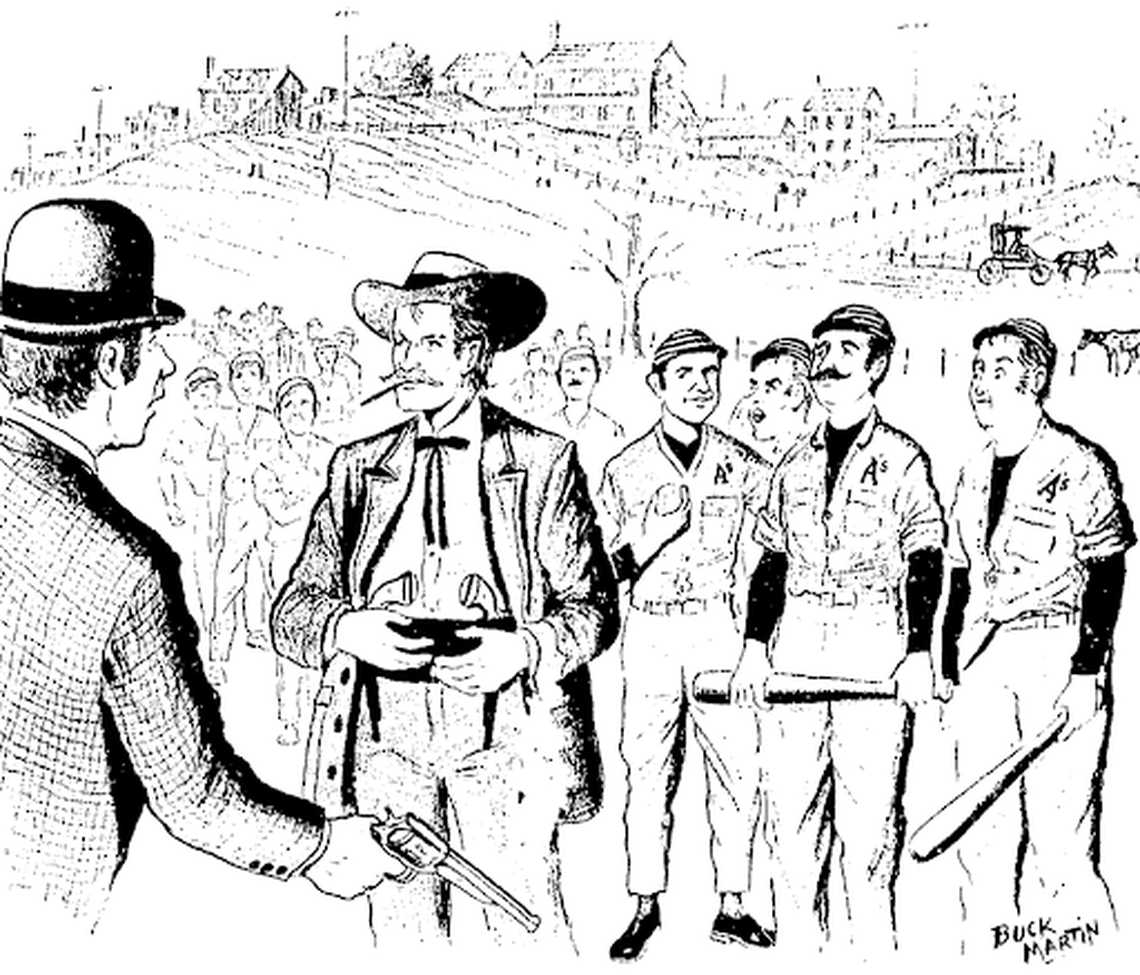 Illustration of Hickok and KC Antelopes players in a satirical article about the 1866 game against the Atchison Pomeroys. The Kansas City Times, Feb. 28, 1964.