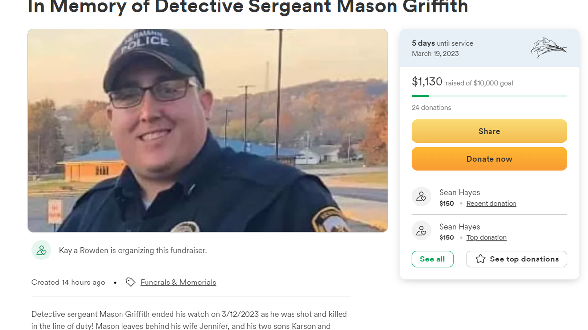 Community members started a GoFundMe for the family of Detective Sgt. Mason Griffith, who was shot and killed Sunday night while on duty in Hermann, Missouri.