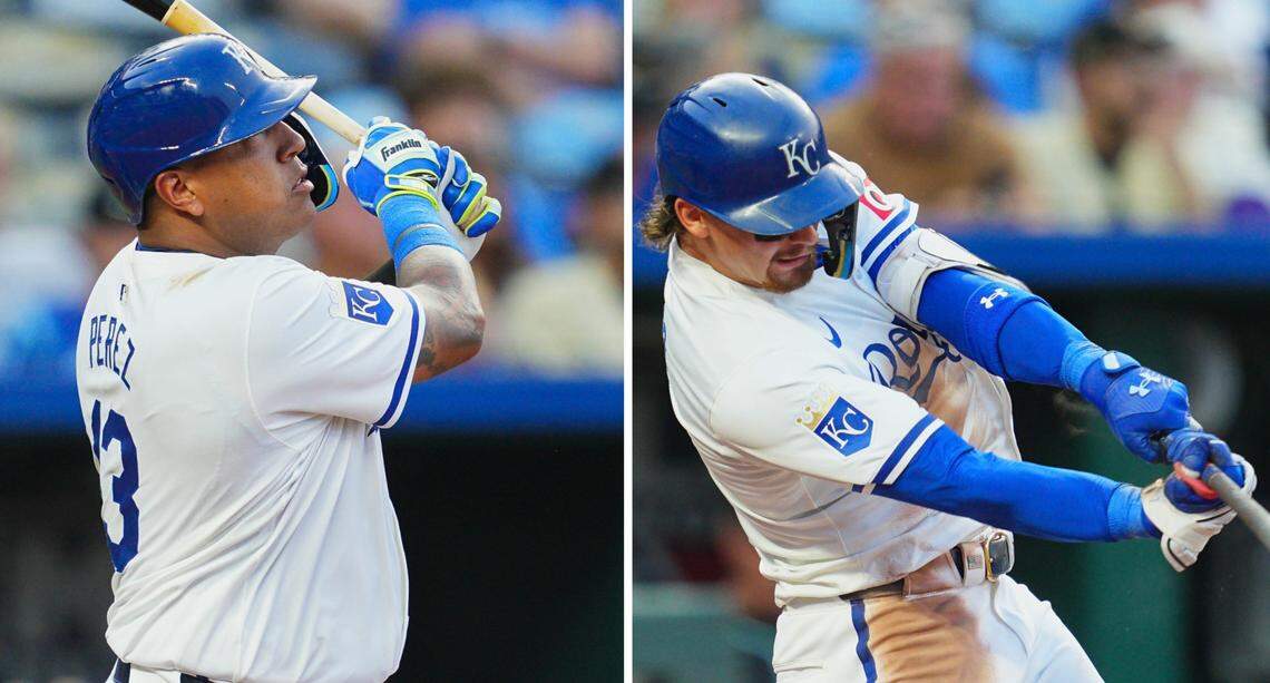 Salvador Perez, left, and Bobby Witt Jr. led the Royals’ hit parade against the Arizona Diamondbacks at Kauffman Stadium on Monday night. Each hit his 18th homer of the season.