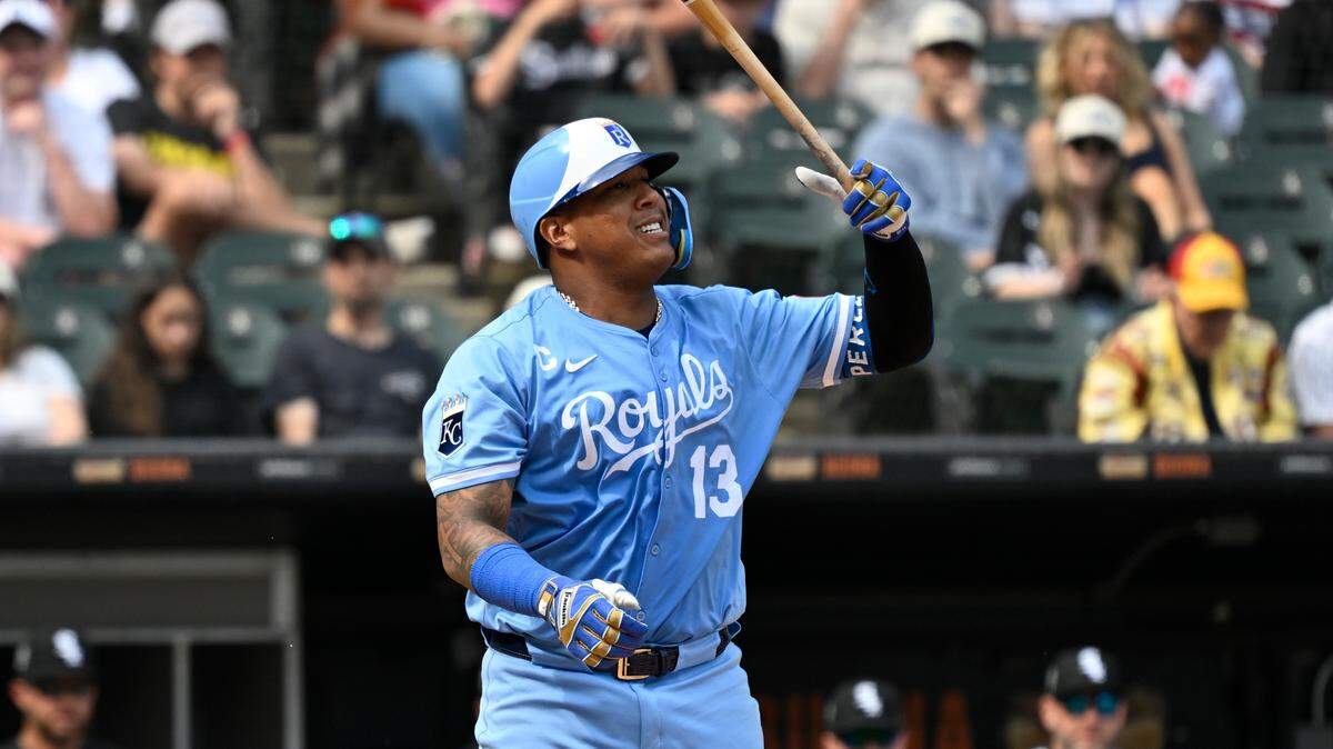 Kansas City Royals catcher Salvador Perez (13) grimaces after striking out swinging against the Chicago White Sox during the fourth inning at Rate Field on June 7, 2025.