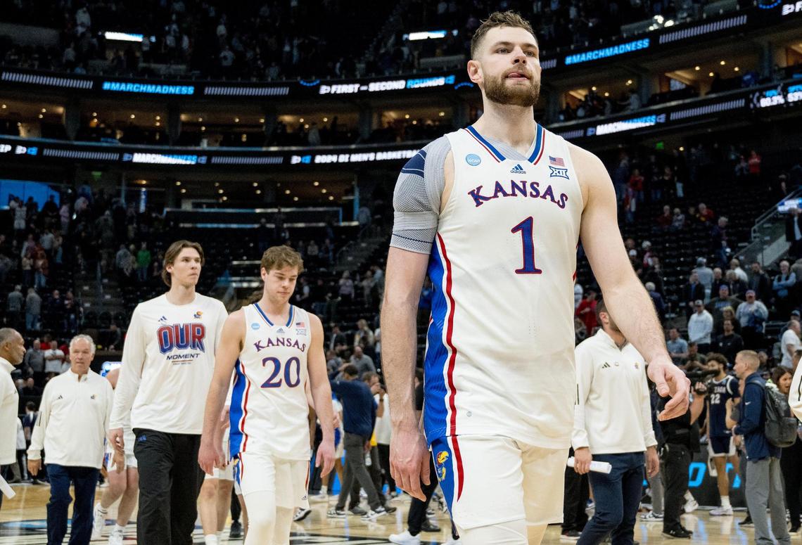 Kansas Jayhawks center Hunter Dickinson (1) walks off the court after the Gonzaga Bulldogs defeated Kansas 89-68 in a men’s college basketball game in the second round of the NCAA Tournament on Saturday, March 23, 2024, in Salt Lake City, Utah.