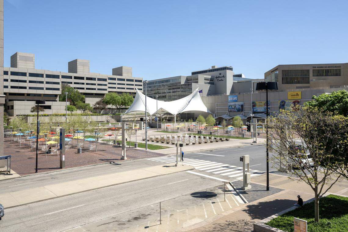 An overview of Crown Center is visible from The Link on Tuesday, April 21, 2026, in Kansas City.