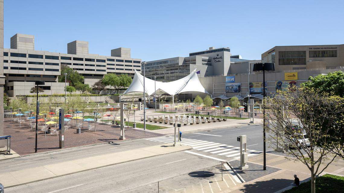 An overview of Crown Center is visible from The Link on Tuesday, April 21, 2026, in Kansas City.