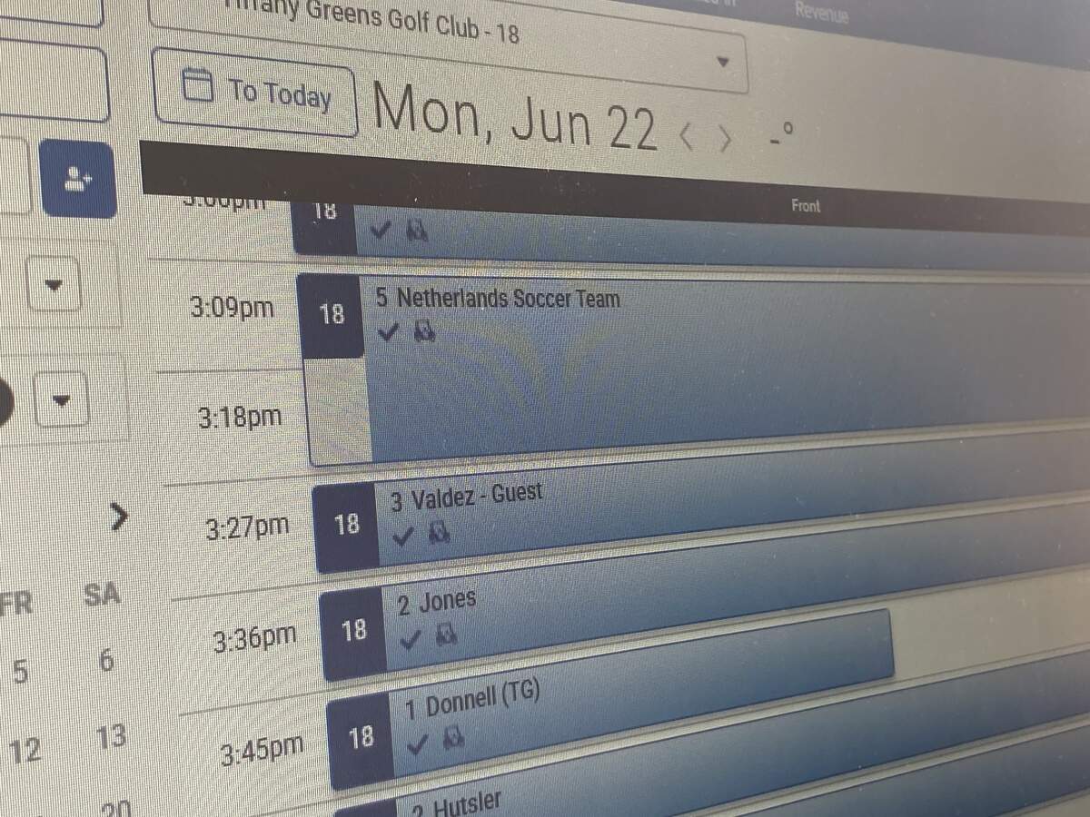 At Tiffany Greens Golf Club, a 3:09 p.m. tee time is logged for the “Netherlands Soccer Team.”