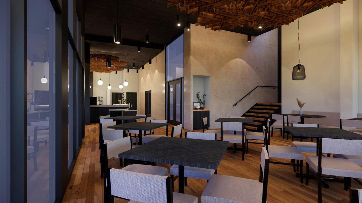 A rendering by ICON Architecture & Fabrication shows the interior of the Origin KC hotel.