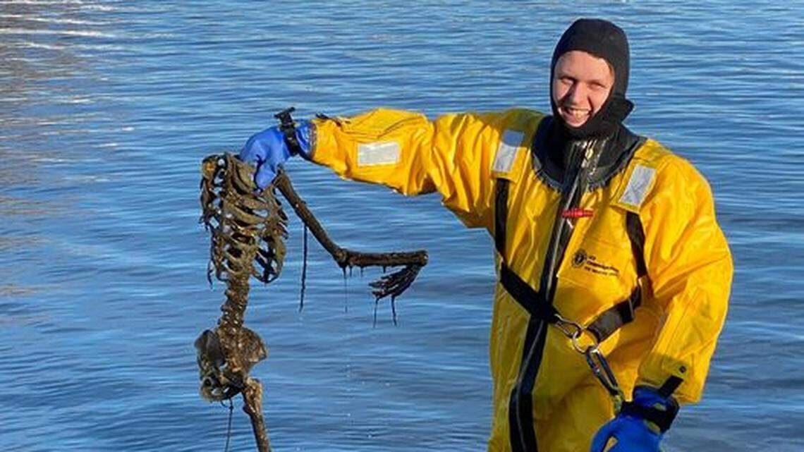 A fisherman reeled in this fake skeleton but accidentally dropped it back in the lake, leading to an Indiana “rescue.”