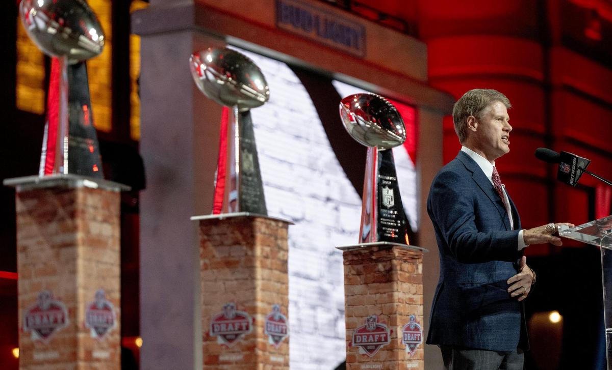 Kansas City Chiefs owner Clark Hunt announces the team’s first round pick of Kansas State defensive lineman Felix Anudike-Uzomah during the NFL Draft outside of Union Station on Thursday, April 27, 2023, in Kansas City.