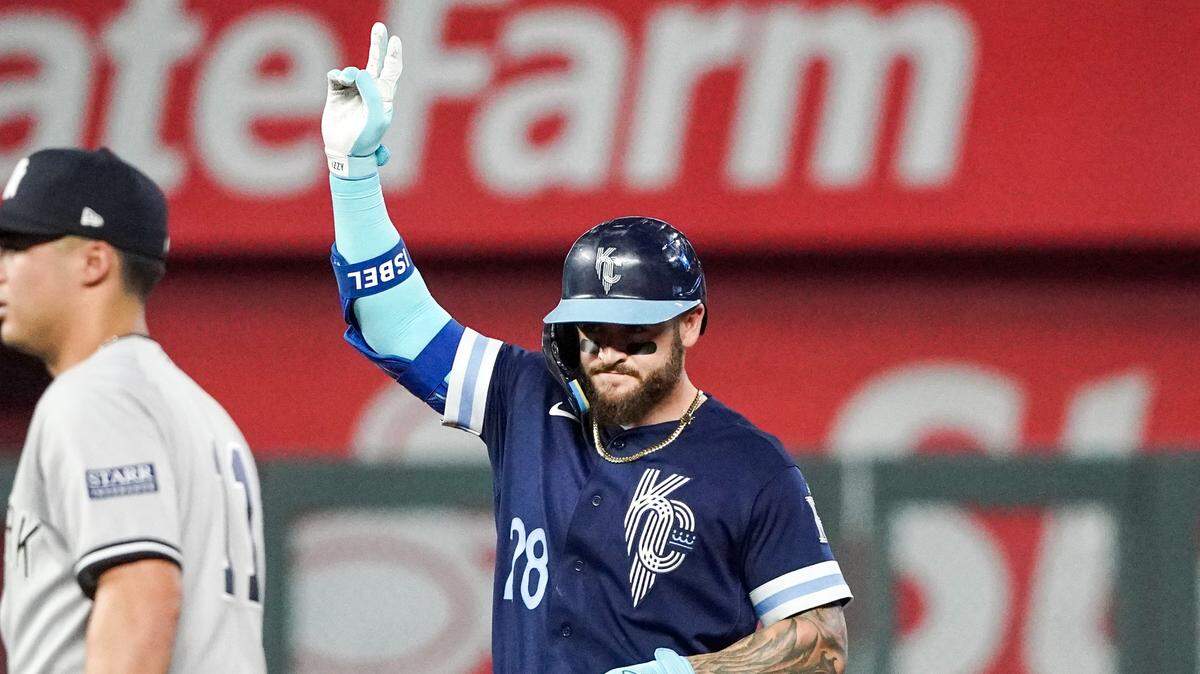 Kansas City Royals center fielder Kyle Isbel celebrates after hitting a two-run double Friday night against the New York Yankees in the first inning at Kauffman Stadium.