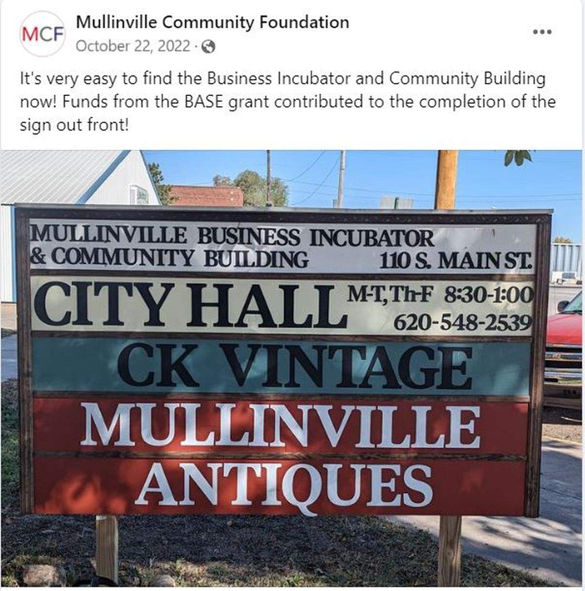 A Facebook post by the Mullinville Community Foundation shows a sign at least partially funded by grant money.