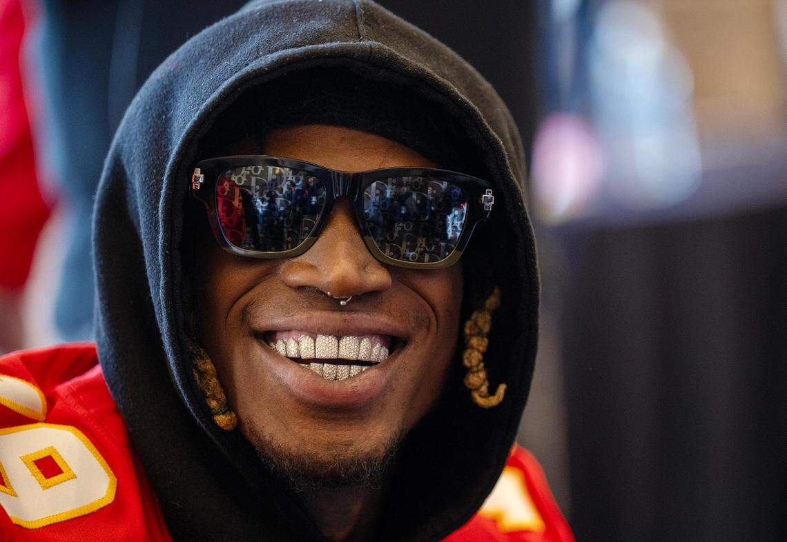 Kansas City Chiefs wide receiver Kadarius Toney (19) smiles during the media availability on Thursday, Feb. 8, 2024, at the team hotel in Henderson, Nev., ahead of Super Bowl LVIII on Sunday.