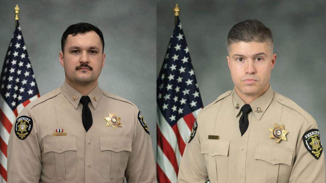 Christian County, Missouri, Sheriff deputies Gabriel Ramirez, left, and Michael Hislope were identified as the two law enforcement officers shot and killed, one in a traffic stop Monday afternoon, and the other in a shootout with the suspect early Tuesday.