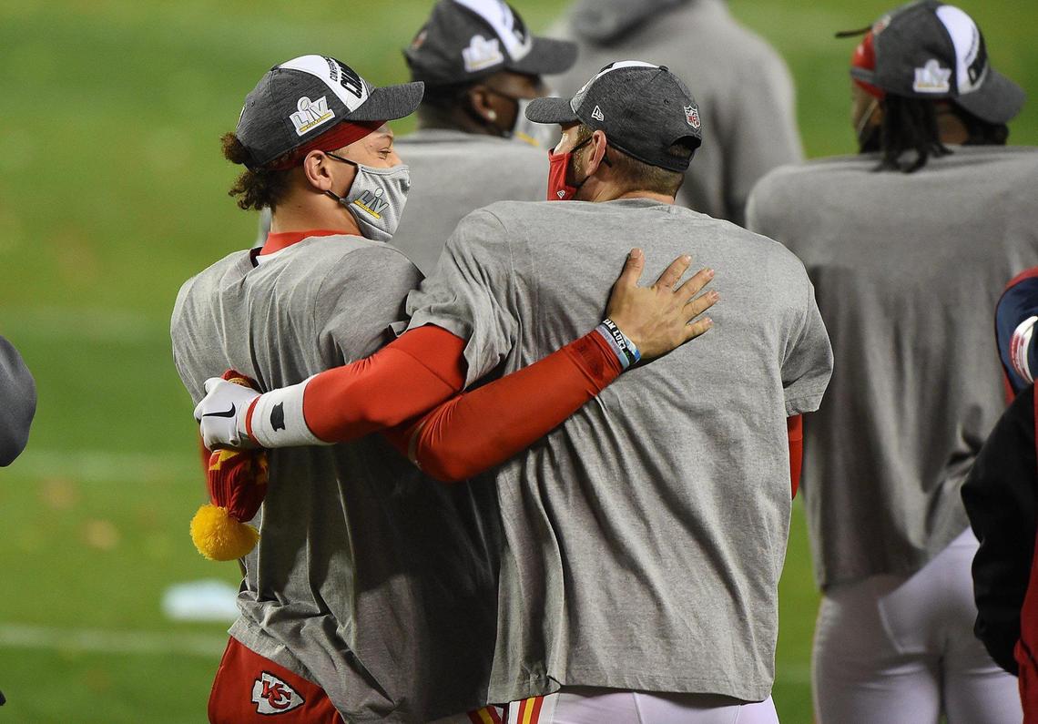 Chiefs quarterback Patrick Mahomes celebrates after the Chiefs won the AFC Championship Game, 38-24, over the Buffalo Bills on Sunday, Jan. 24, 2021, at Arrowhead Stadium in Kansas City.