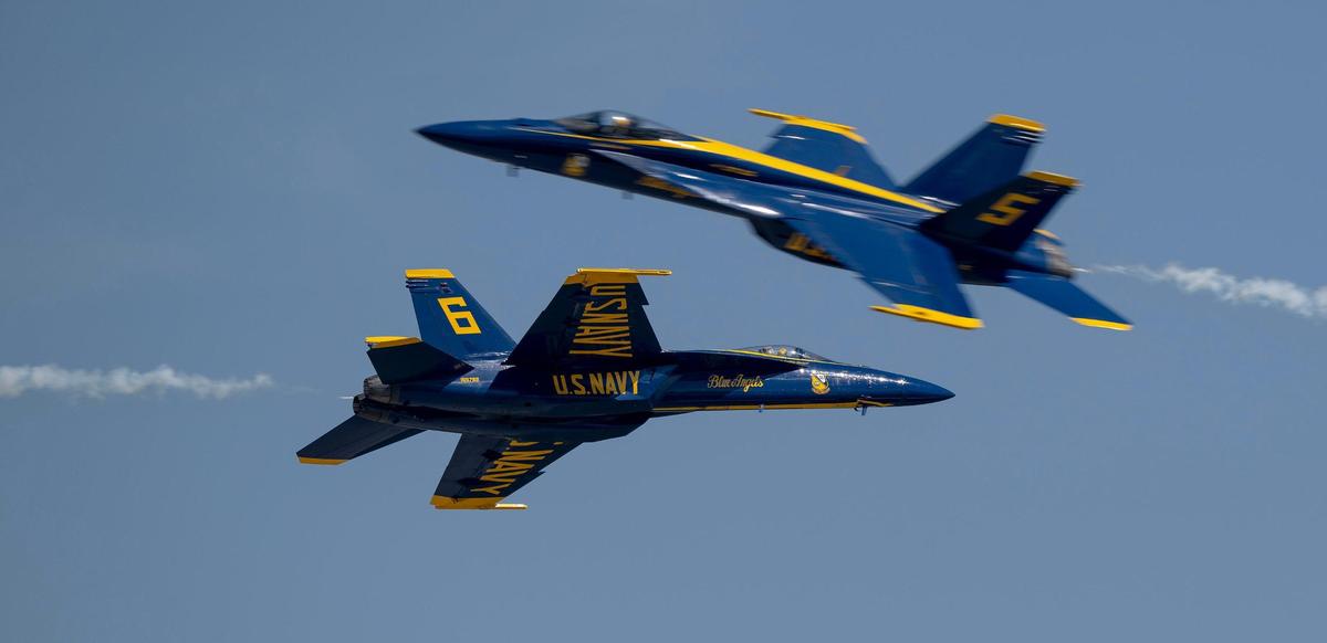 The U.S. Navy Blue Angels fly during the Garmin KC Air Show on Saturday, Aug. 19, 2023, in New Century.