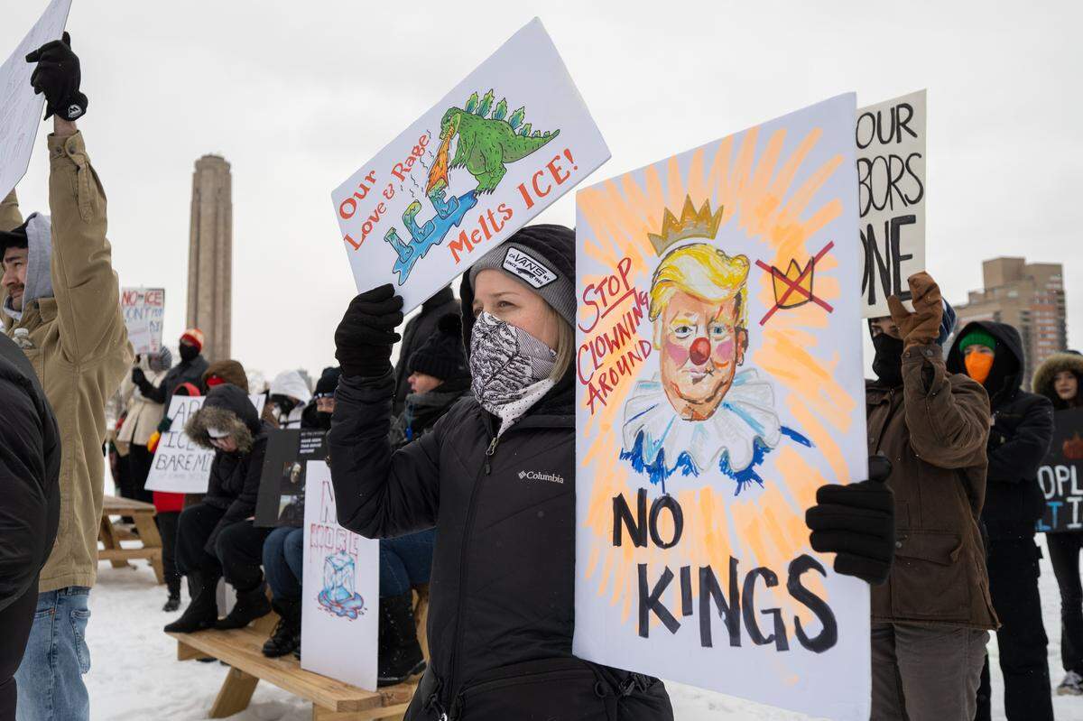 Protesters gathered at the World War I Museum and Memorial to rally against recent ICE actions across the U.S. and in Kansas City on Friday, January 30, 2026.