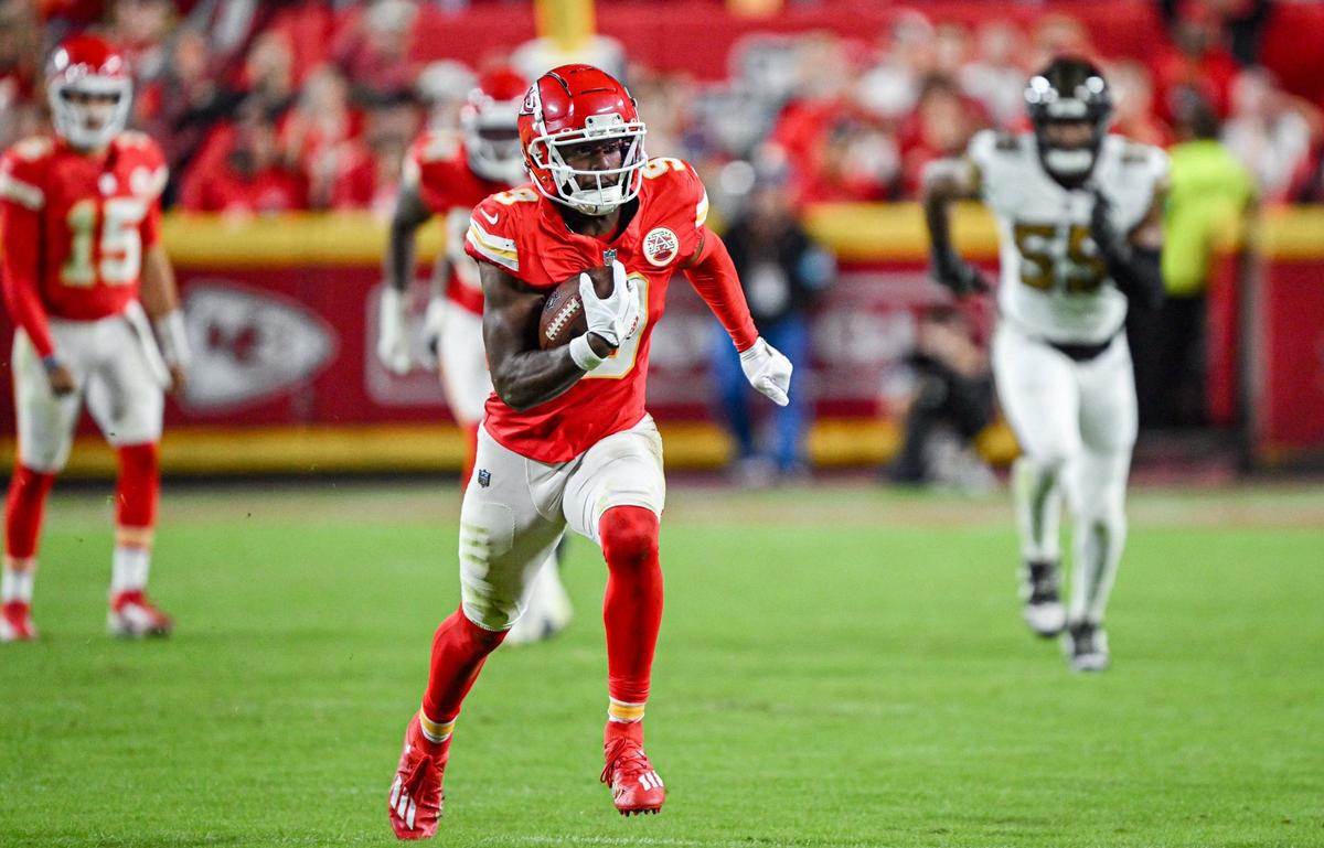 Kansas City Chiefs wide receiver JuJu Smith-Schuster (9) runs for yardage on a 50-yard reception against the New Orleans Saints in the fourth quarter on Monday, Oct. 7, 2024, at GEHA Field at Arrowhead Stadium.