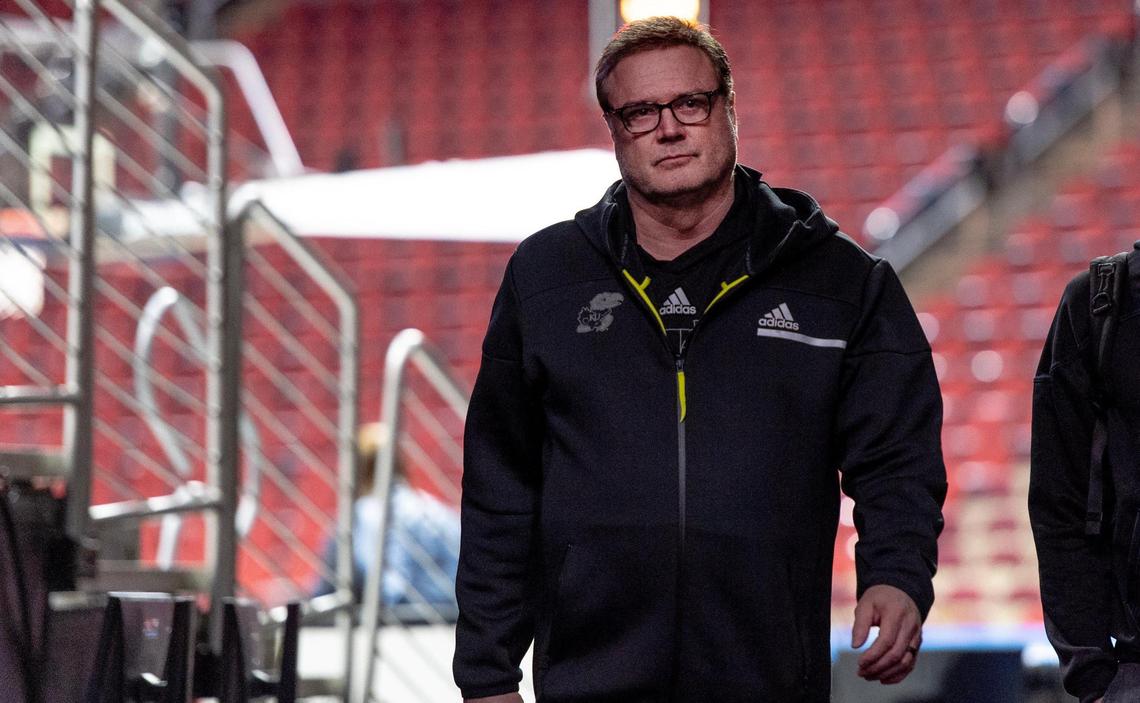 Kansas head coach Bill Self exits the court after leading his team in practice a day before it plays Arkansas in the NCAA Tournament Friday, March 17, 2023, in Des Moines, Iowa.