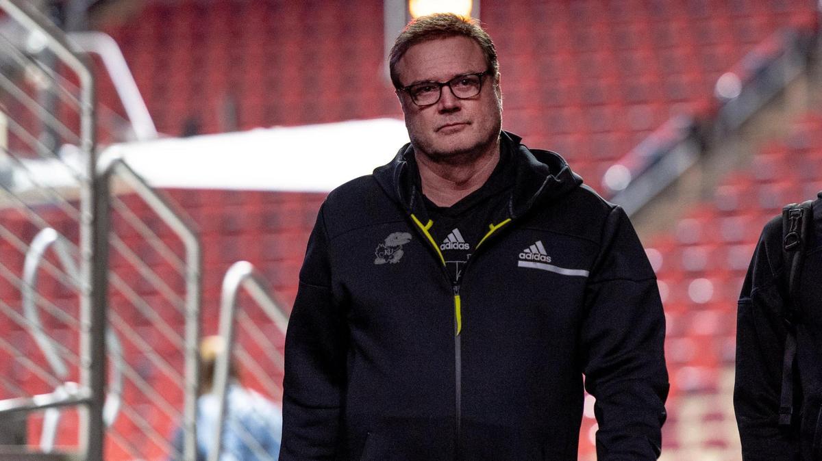 Kansas head coach Bill Self exits the court after leading his team in practice a day before it plays Arkansas in the NCAA Tournament Friday, March 17, 2023, in Des Moines, Iowa.