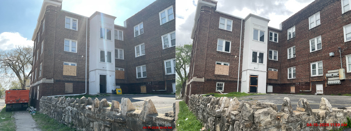 Two photos taken by Kansas City building code inspectors a year apart show boarded up windows. The left image was taken in April 2025 and the right in April 2026.