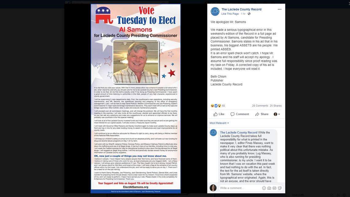 The Laclede County Record publicly apologized to presiding commissioner candidate Al Samons in a Facebook post on Saturday, Aug. 4, 2018, after his political ad was printed in the newspaper with a typo.