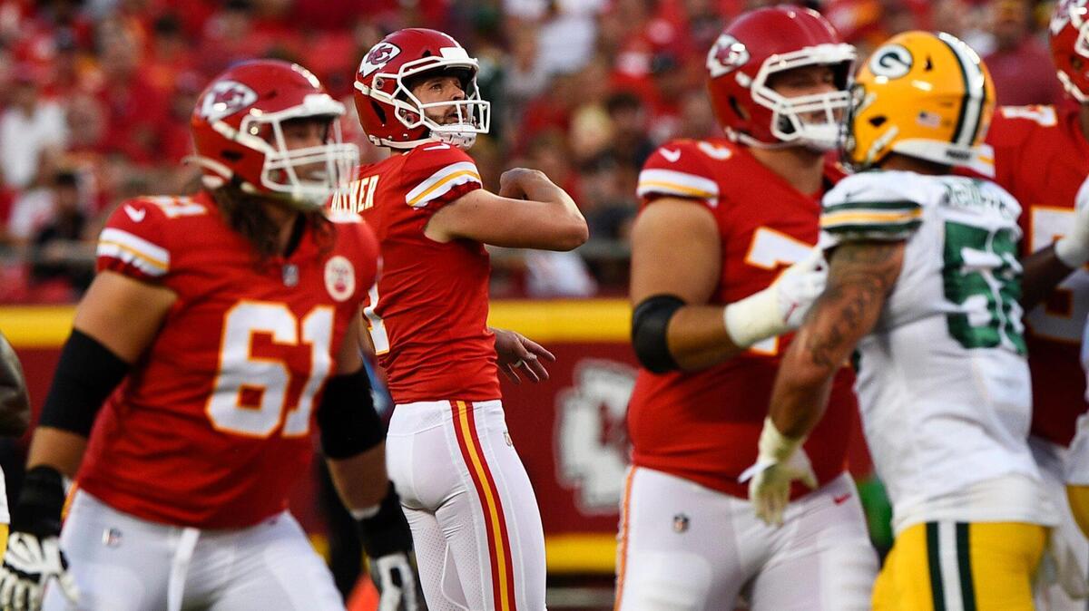 Kansas City Chiefs place kicker Harrison Butker watches his first quarter field goal go through the uprights while playing the Green Bay Packers in a preseason game Thursday, August 25, 2022, at Arrowhead Stadium.