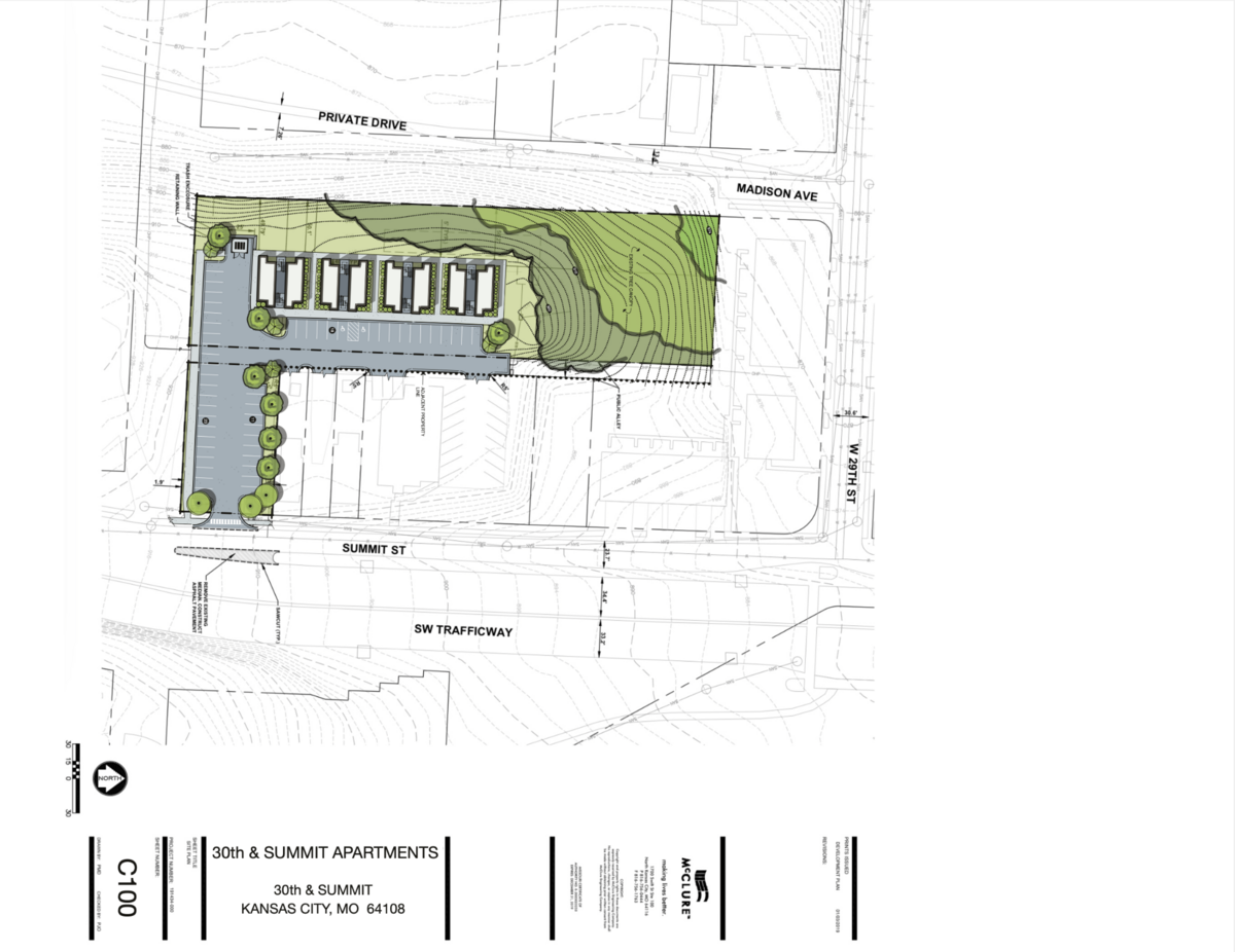 The layout for the four shipping container buildings that will house 48 apartments at 31st and Summit streets. Four apartments are on each floor. Half will face east, the other half west. A dog park is planned to the north.