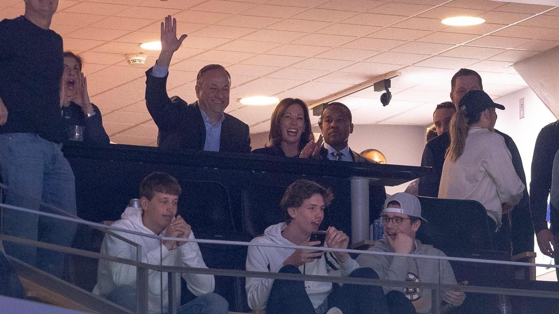 Vice President Kamala Harris and her husband, Douglas Emhoff, watch a first-round college basketball game between Kansas and Howard in the NCAA Tournament Thursday, March 16, 2023, in Des Moines, Iowa.