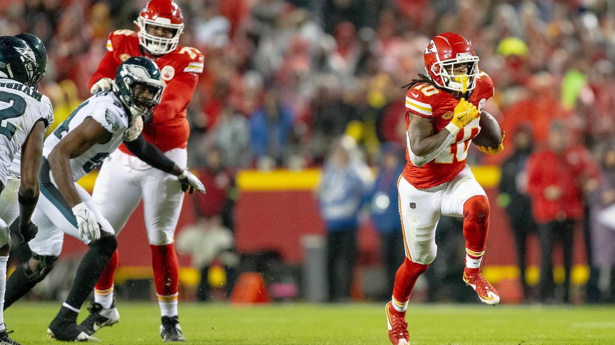 Kansas City Chiefs running back Isiah Pacheco (10) runs the ball against the Philadelphia Eagles during an NFL football game on Monday, Nov. 20, 2023, at GEHA Field at Arrowhead Stadium in Kansas City.