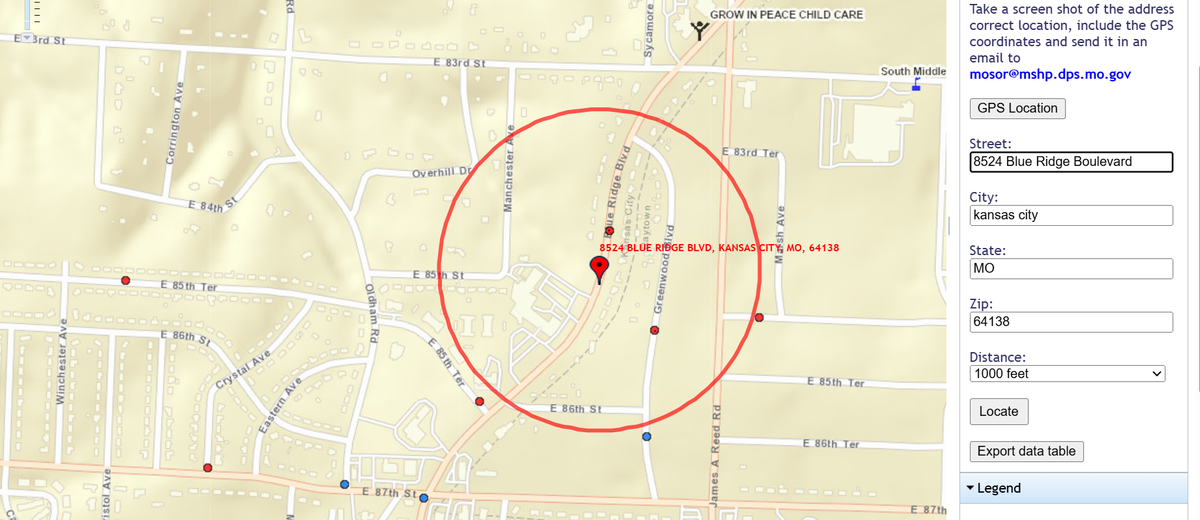 This map shows registered sex offenders living within 1,000 feet of 8524 Blue Ridge Blvd. in Kansas City.