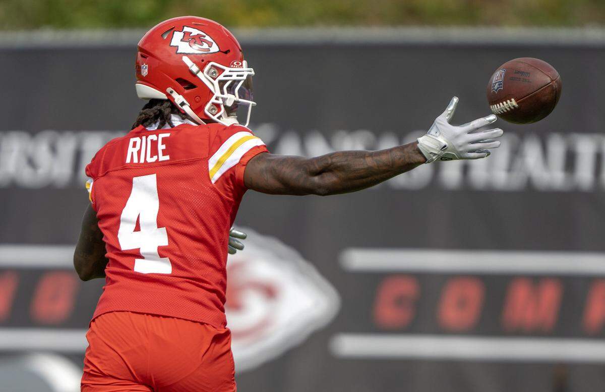 Chiefs wide receiver Rashee Rice was back on the field for practice at the team's training facility in Kansas City on Wednesday, Oct. 15, 2025.