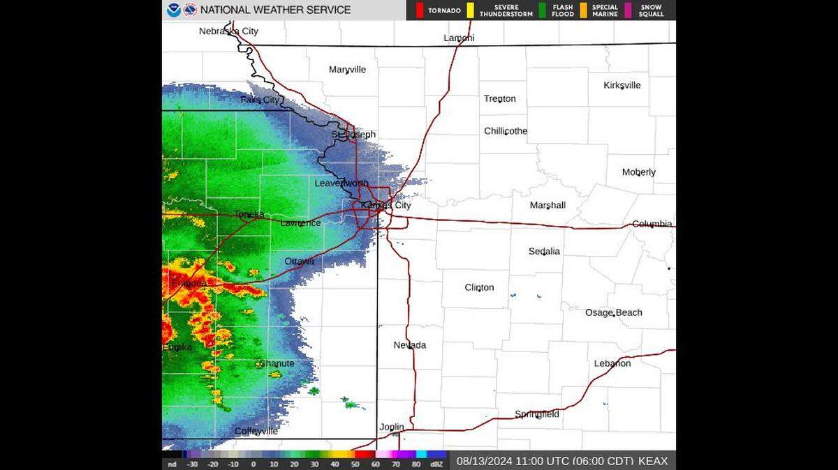 Multiple rounds of storms are expected this week, beginning with a cluster of storms that was approaching the Kansas City area around Tuesday morning’s rush hour, according to the National Weather Service. There is a conditional threat of severe storms with each round.