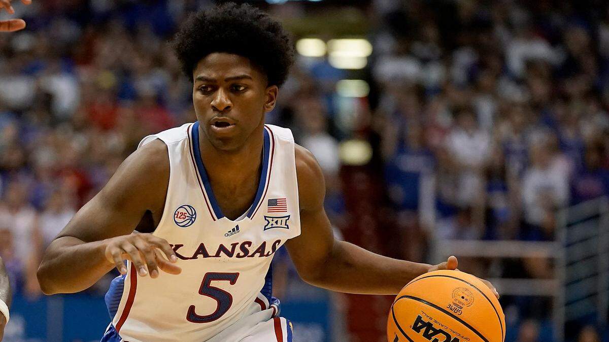 Kansas guard Kyle Cuffe Jr. drives during the first half of an exhibition game against Pittsburg State at Allen Fieldhouse.