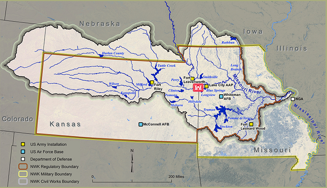 A map on the Army Corps of Engineers Kansas City District website showing the extent of the district’s activities.
