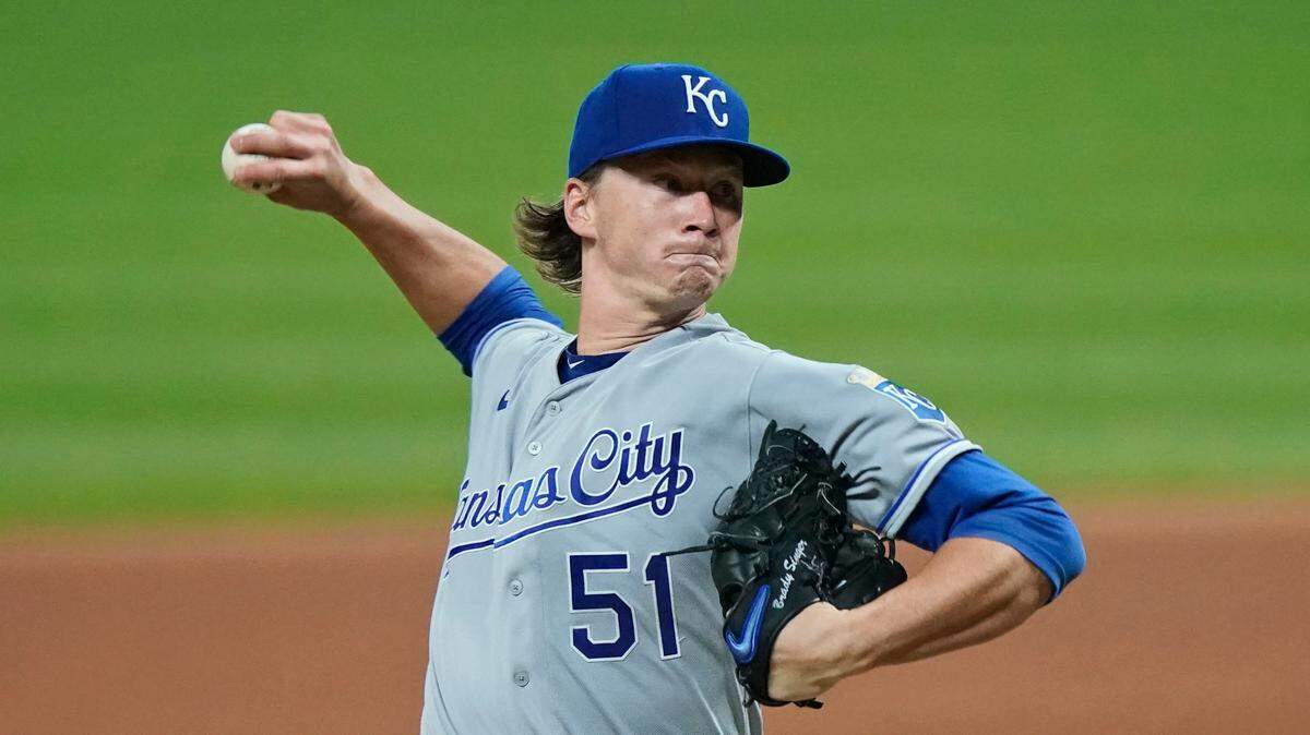Kansas City Royals starting pitcher Brady Singer delivers in the seventh inning against the Cleveland Indians on Thursday, Sept. 10, 2020, in Cleveland.