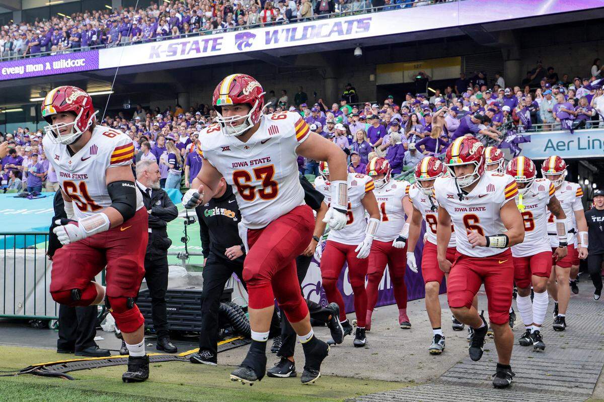 Iowa State takes the field during the Aer Lingus Classic between Iowa State and Kansas State at Aviva Stadium in Dublin on Aug. 23, 2025.