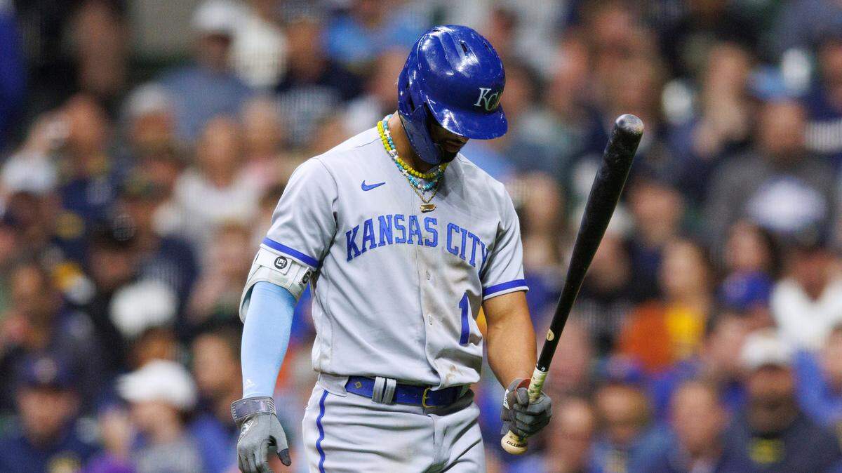 Royals right fielder MJ Melendez (1) reacts after striking out during the sixth inning against the Brewers at American Family Field in Milwaukee, Wisconsin, on May 12, 2023.