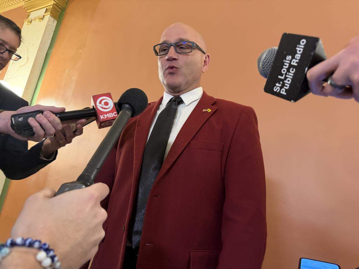 Missouri Secretary of State Denny Hoskins, a Republican, speaks with reporters after the Missouri’s highest court heard arguments over the state’s gerrymandered congressional map on May 12, 2026.