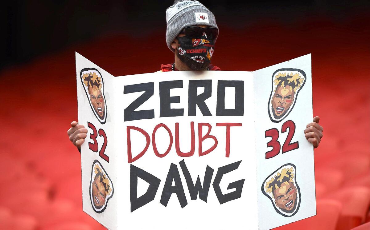 Johnny B. Perkovich of Cedar Lake, Indiana, showed his support for Kansas City Chiefs strong safety Tyrann Mathieu Sunday, January 24, 2021, before the AFC Championship Game at Arrowhead Stadium in Kansas City, Missouri.