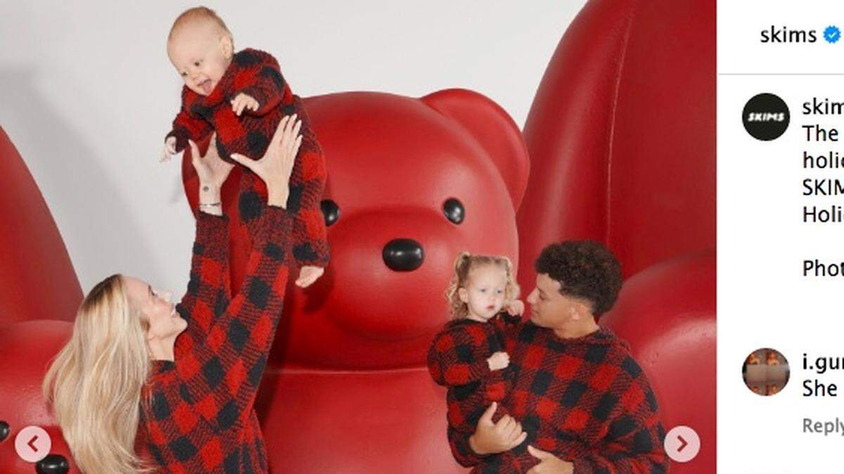 Brittany and Patrick Mahomes and their two children star in the campaign for the holiday collection of Kim Kardashian’s SKIMS line.