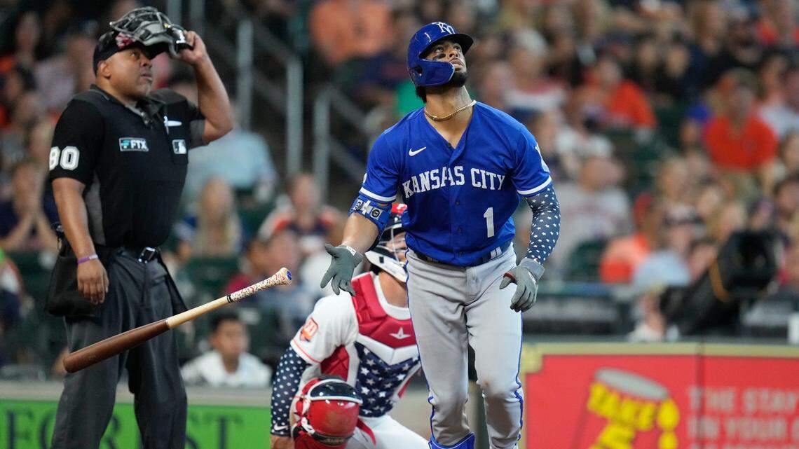 Kansas City Royals’ MJ Melendez (1) watches his solo home run during the eighth inning of a baseball game against the Houston Astros, Monday, July 4, 2022, in Houston. (AP Photo/Eric Christian Smith)