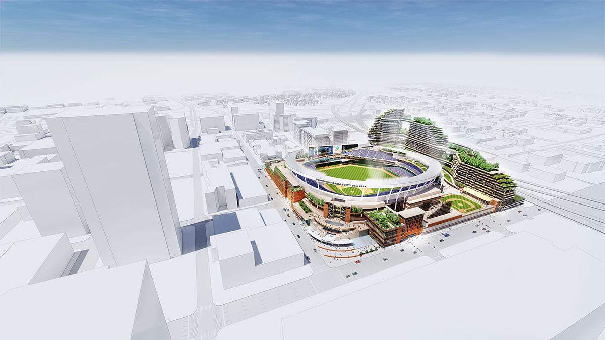 A rendering produced by Kansas City based architectural firm Pendulum shows their concept of a downtown ballpark nestled inside the downtown loop.