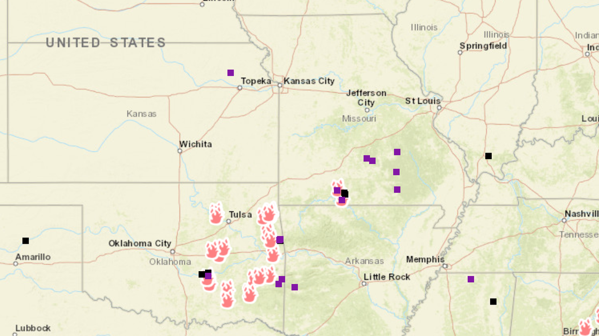 A map from the Southern Area Coordination Center shows several fires burning in eastern Oklahoma. The National Weather Service said smoke from the blazes reached Kansas City Tuesday morning, causing hazy conditions and poor air quality.