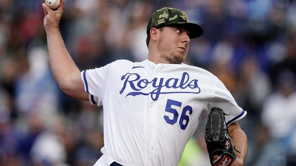 Kansas City Royals starting pitcher Brad Keller throws during the second inning of a baseball game against the against the Minnesota Twins Saturday, May 21, 2022, in Kansas City, Mo. (AP Photo/Charlie Riedel)