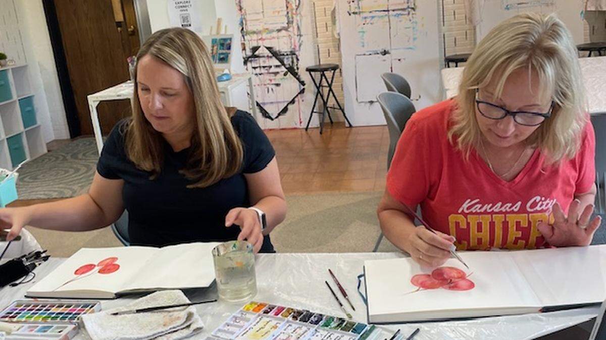 Stephanie Clark, of Raytown, left, and Nancy Hatfield, of Grain Valley, participate in the Open Studio part of the Unity Arts Ministry.
